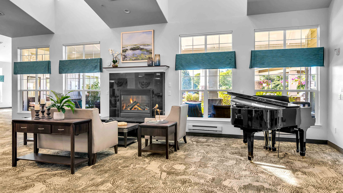 A cozy fireplace lounge at The Highlands